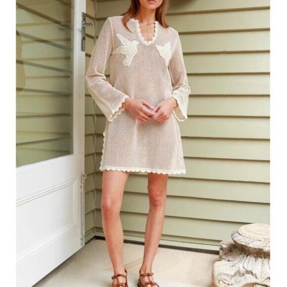NEW Sea New York Sally Crochet Mini Dress Cover Up Beige Tan | XS - Picture 4 of 10
